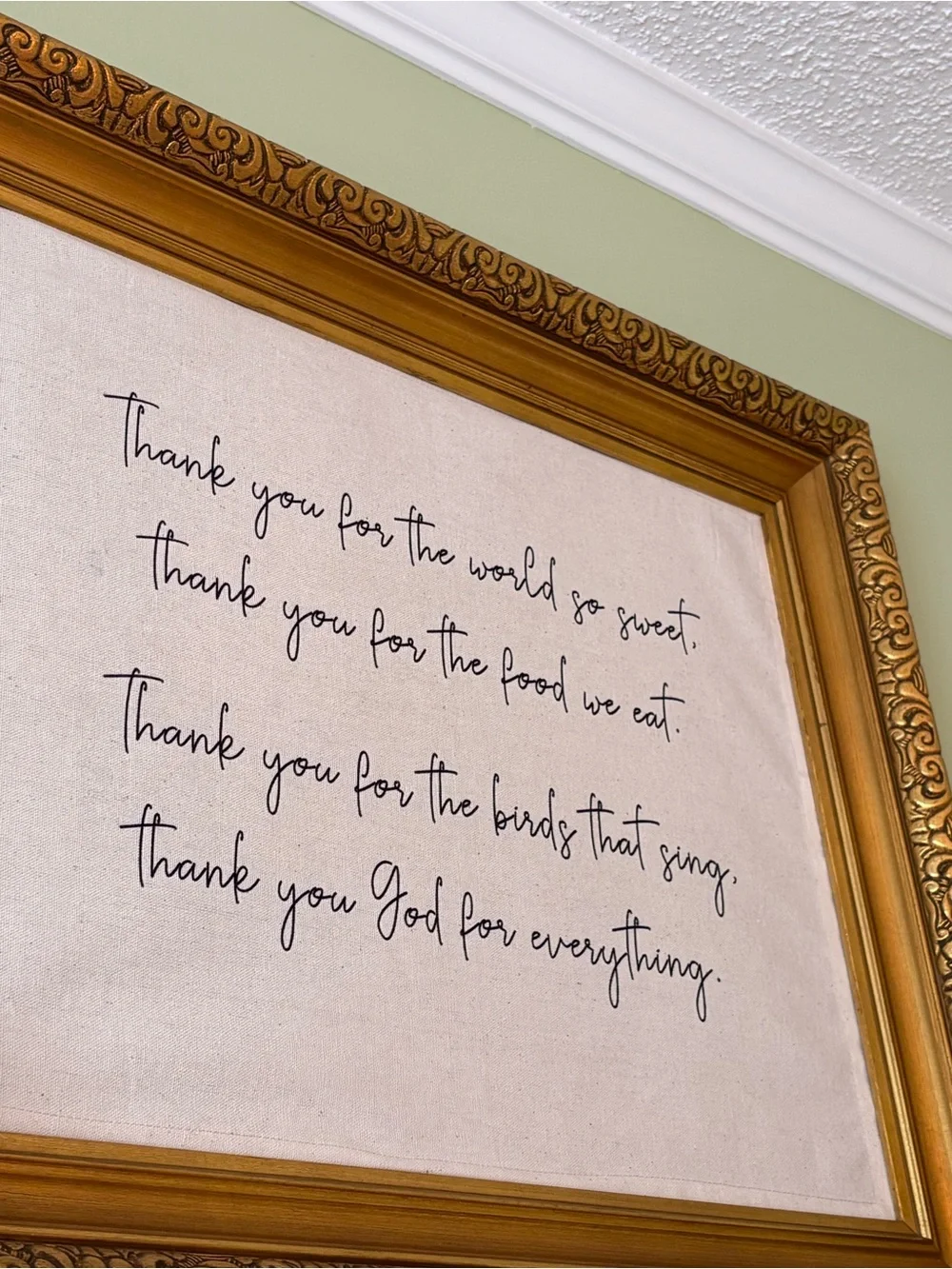 Framed Thankful Script Wall Art - Gold Frame, Cream Canvas 16x20” (20.5x24.5”)